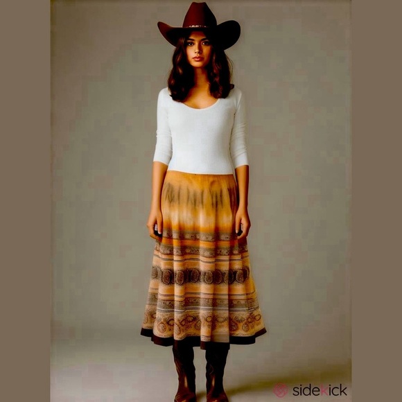 Women’s Vtg Aztec Southwestern Print Orange Brown Fit Flare Tribal Skirt size 12 - Picture 1 of 10